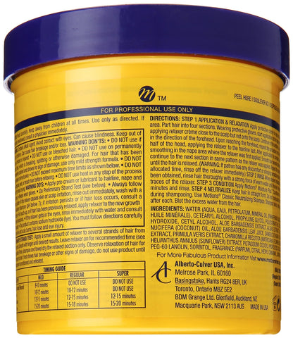 Close up of Motions Classic Lye Relaxer container label