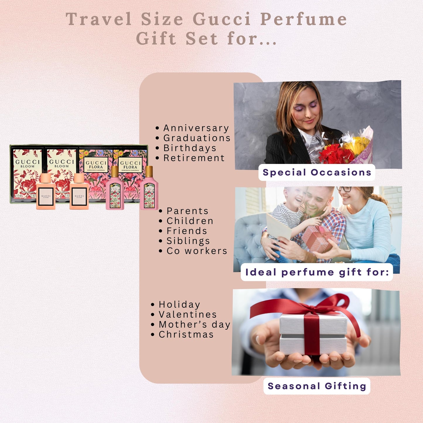 Gucci four piece collector fragrance set unboxed showing the exact scale of the miniature bottles.