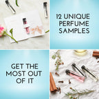 Overhead view of the Tradeberry twelve piece designer fragrance vial set for women highlighting different scent profiles.