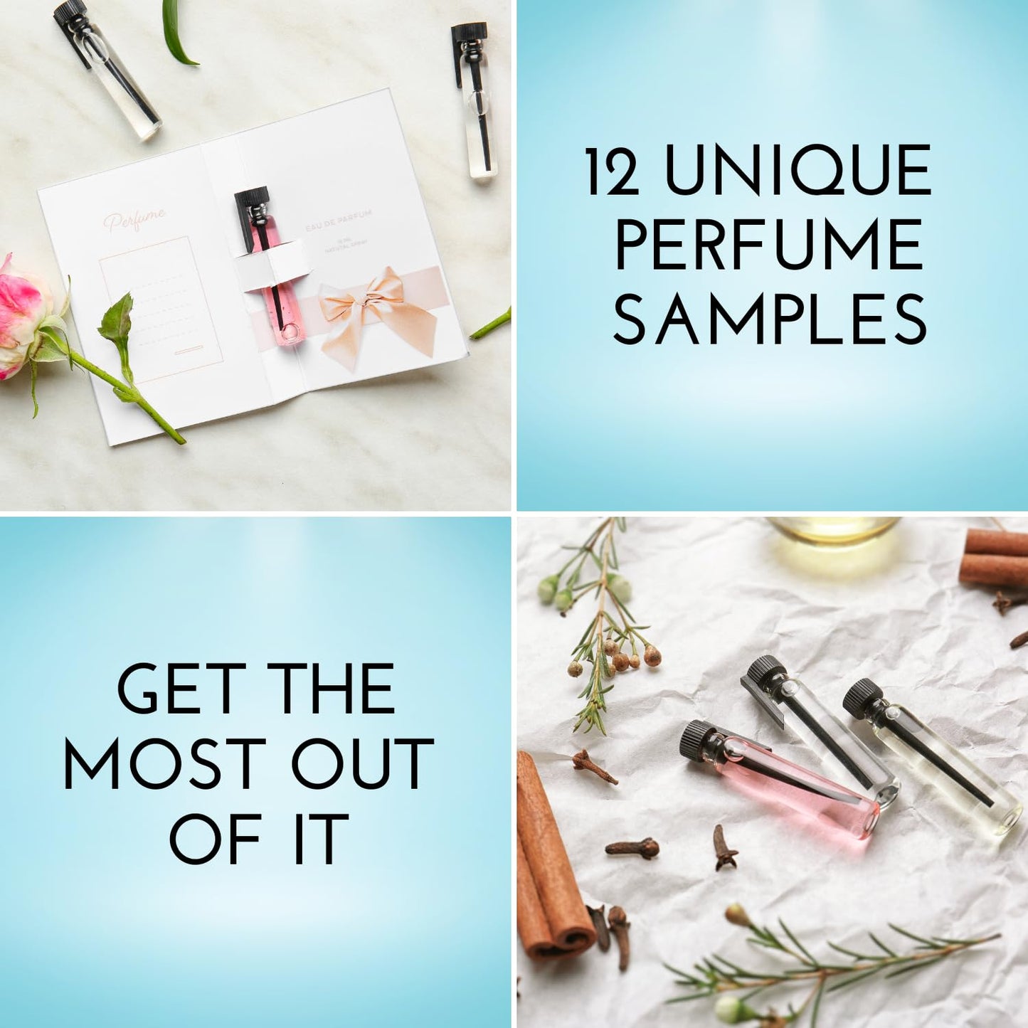 Overhead view of the Tradeberry twelve piece designer fragrance vial set for women highlighting different scent profiles.