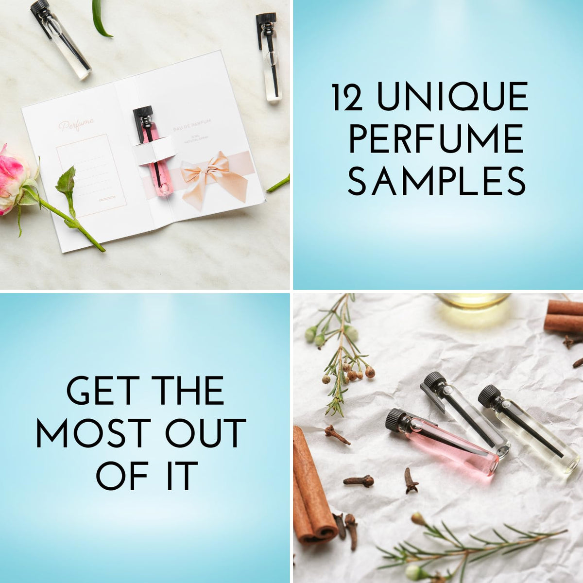 Overhead view of the Tradeberry twelve piece designer fragrance vial set for women highlighting different scent profiles.