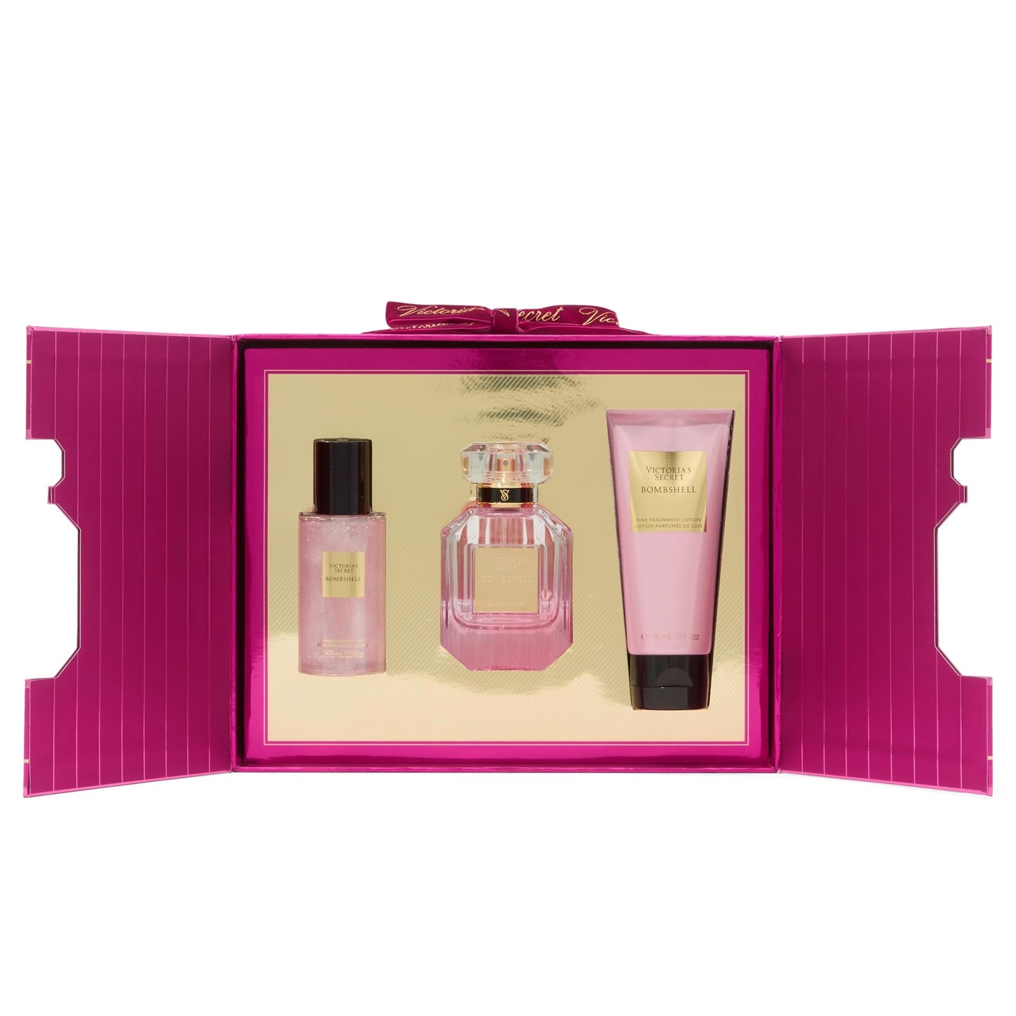 Authentic Victoria's Secret Bombshell Eau de Parfum bottle alongside travel size lotion and shimmer mist