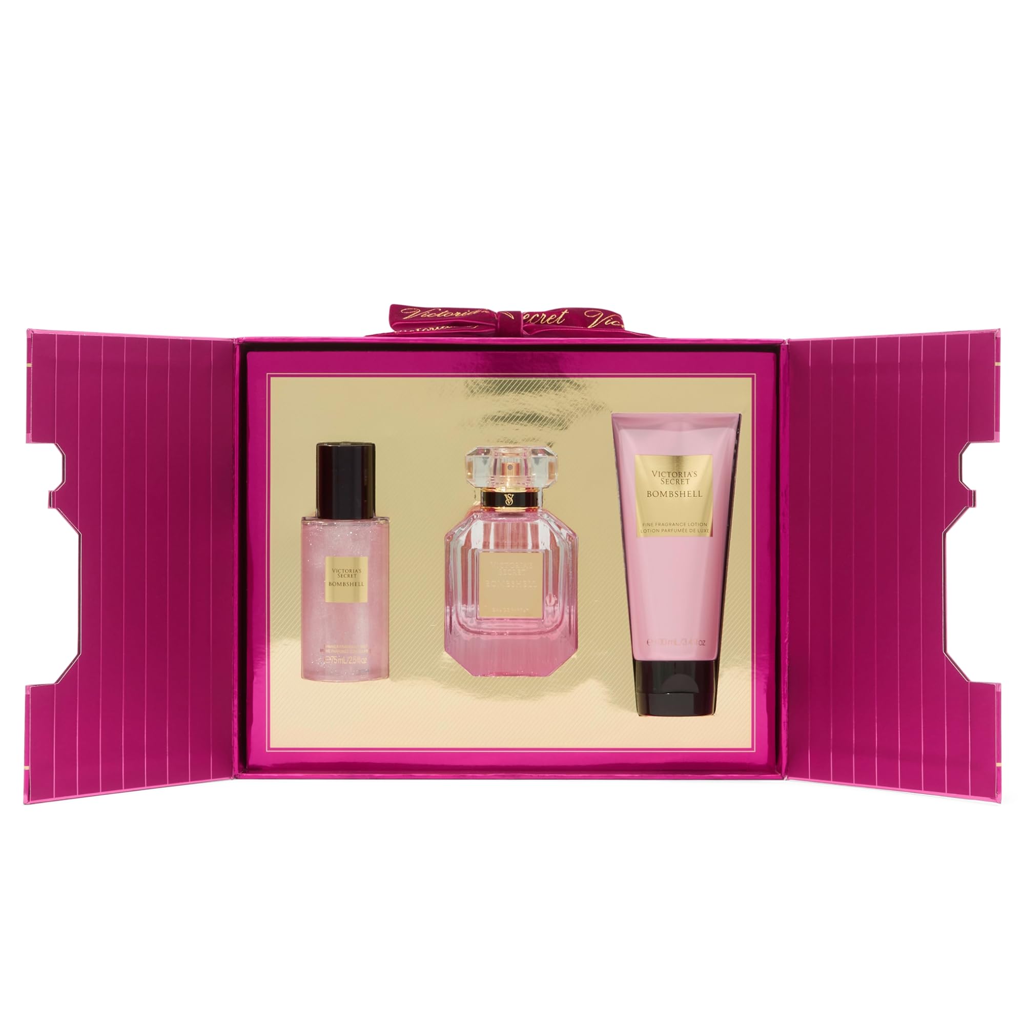 Authentic Victoria's Secret Bombshell Eau de Parfum bottle alongside travel size lotion and shimmer mist