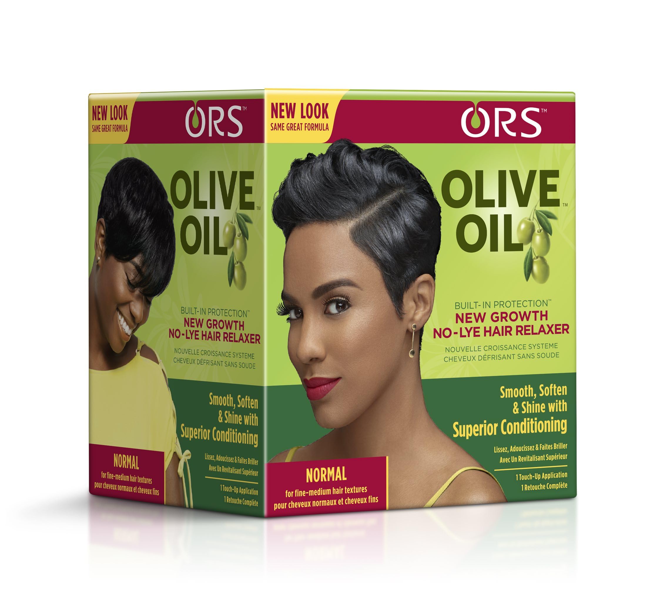 ORS moisturizing no-lye cream hair relaxer component kit layout displaying application items for curly and coarse hair types