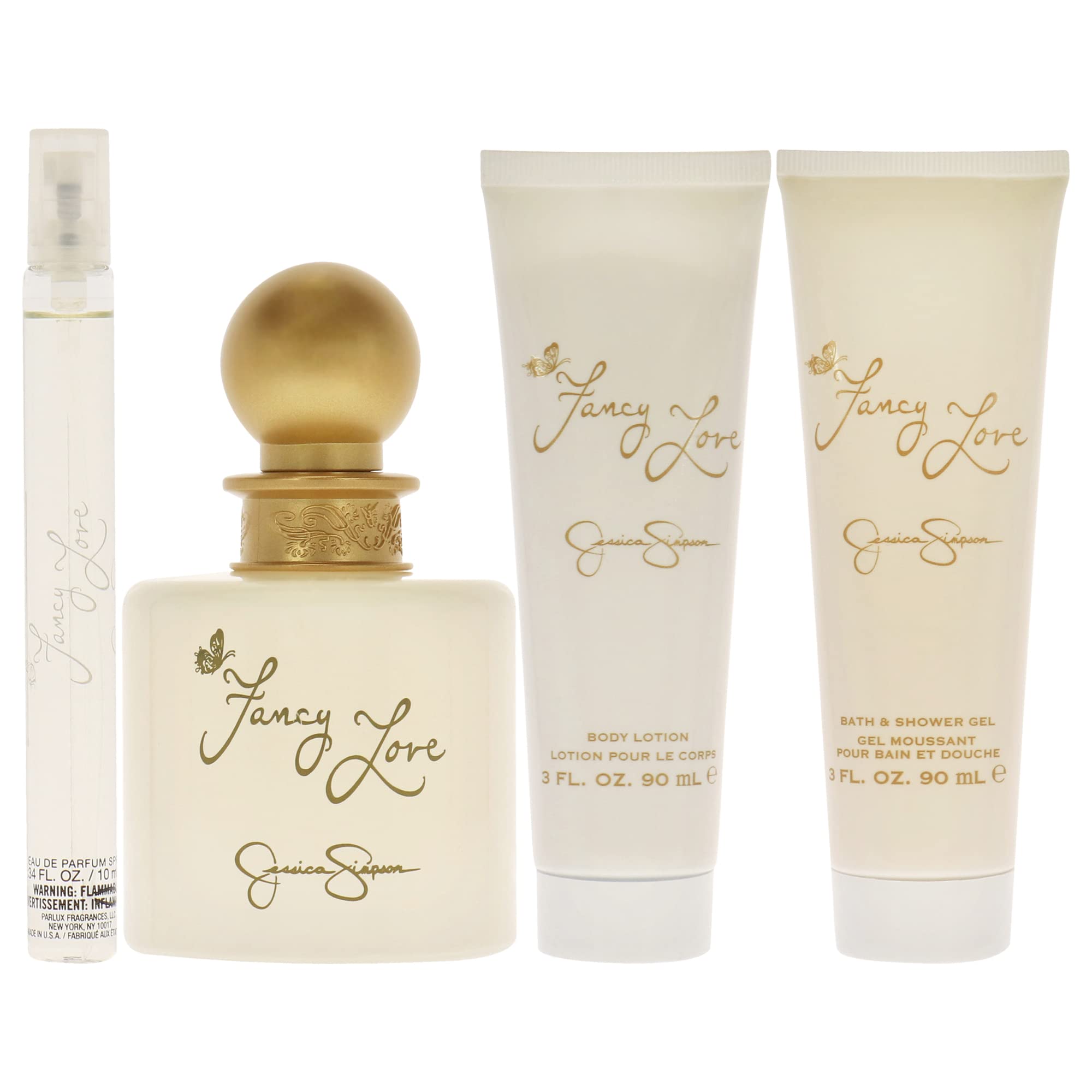 Close-up of the 3.4 Fluid Ounce Eau De Parfum spray bottle from the Jessica Simpson Fancy Love collection showcasing the elegant cap and branding.