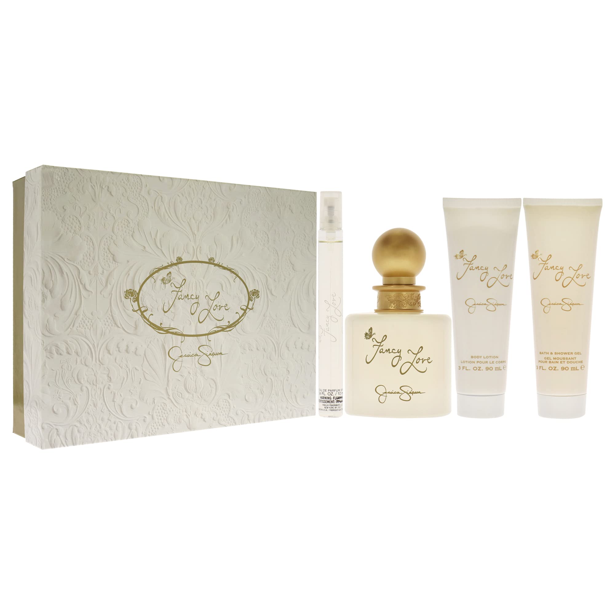 Back view of the Jessica Simpson Fancy Love luxury fragrance set packaging displaying product volume specifications and authentic batch details.