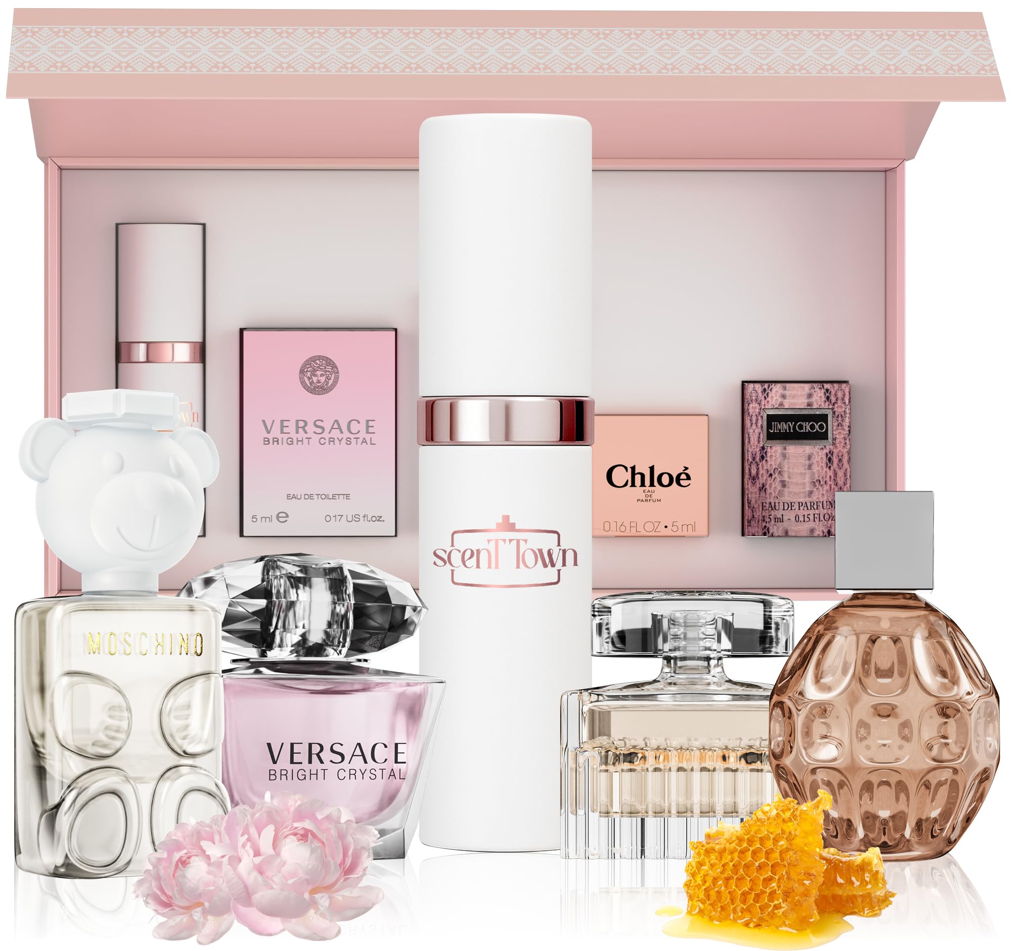 Five piece luxury designer fragrance samples collection box