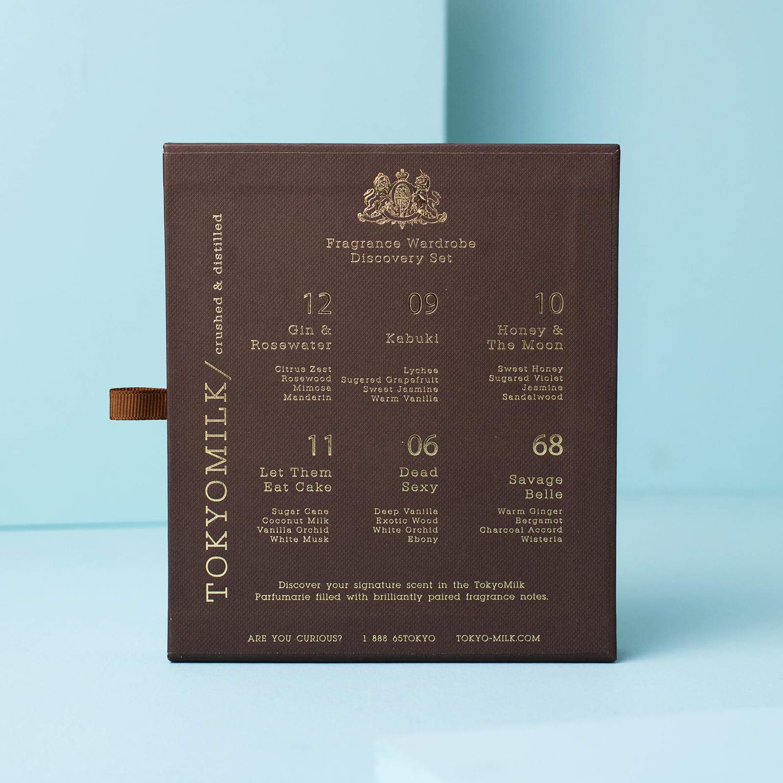 Authentic TokyoMilk travel size perfume wardrobe packaging detailing the included scents