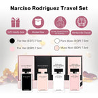Narciso Rodriguez 4 piece fragrance collection showcasing individual luxury travel sized bottles on a clean background.