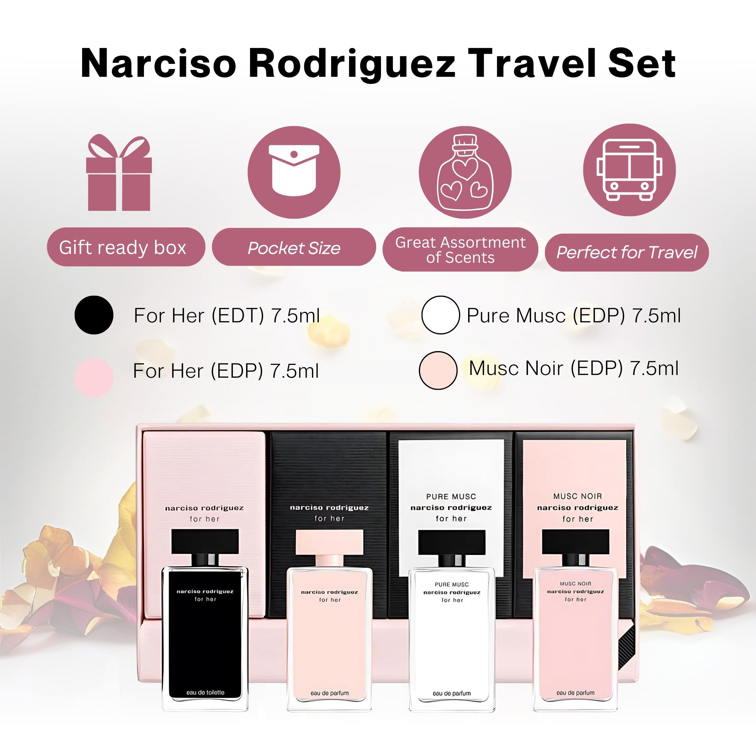 Narciso Rodriguez 4 piece fragrance collection showcasing individual luxury travel sized bottles on a clean background.
