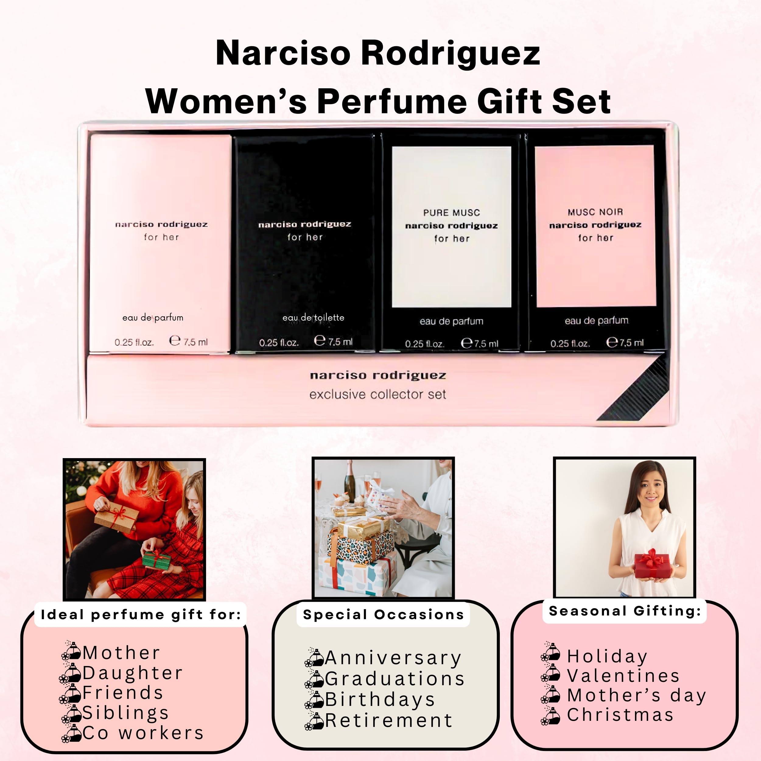 Premium presentation of the four piece imported luxury women's fragrance sampler set.