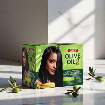 Back of ORS Olive Oil Full Application Relaxer package showing instructions and premium ingredients list