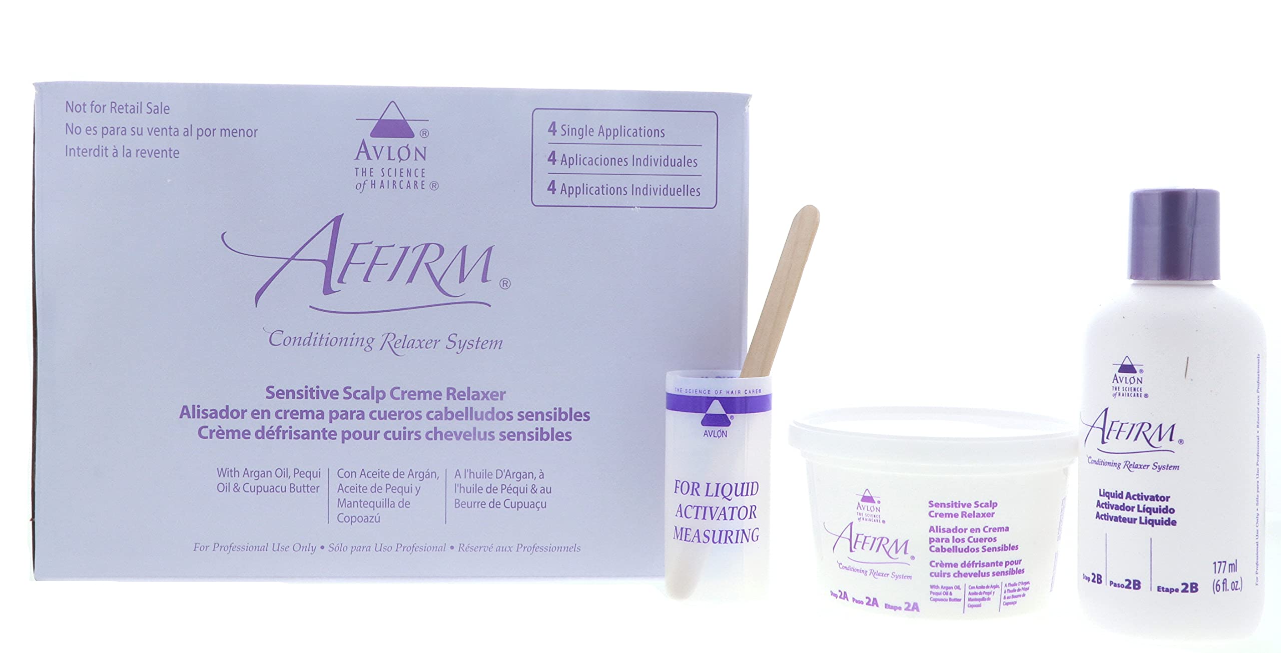Close up of Affirm conditioning relaxer kit components and packaging
