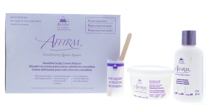 Close up of Affirm conditioning relaxer kit components and packaging