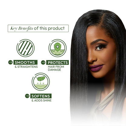 ORS Built-In Protection hair relaxer kit emphasizing Mediterranean olive oil and African shea butter benefits