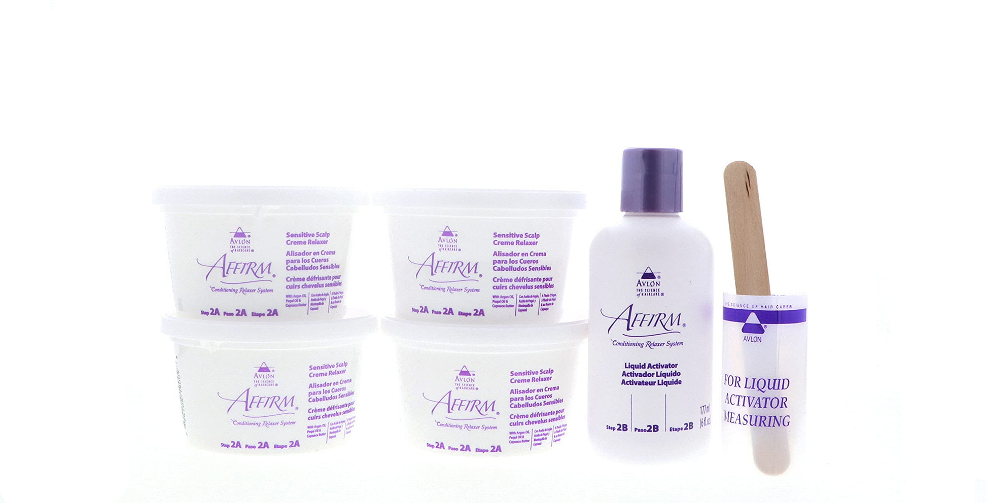Top view of Affirm hair relaxer system packaging and branding