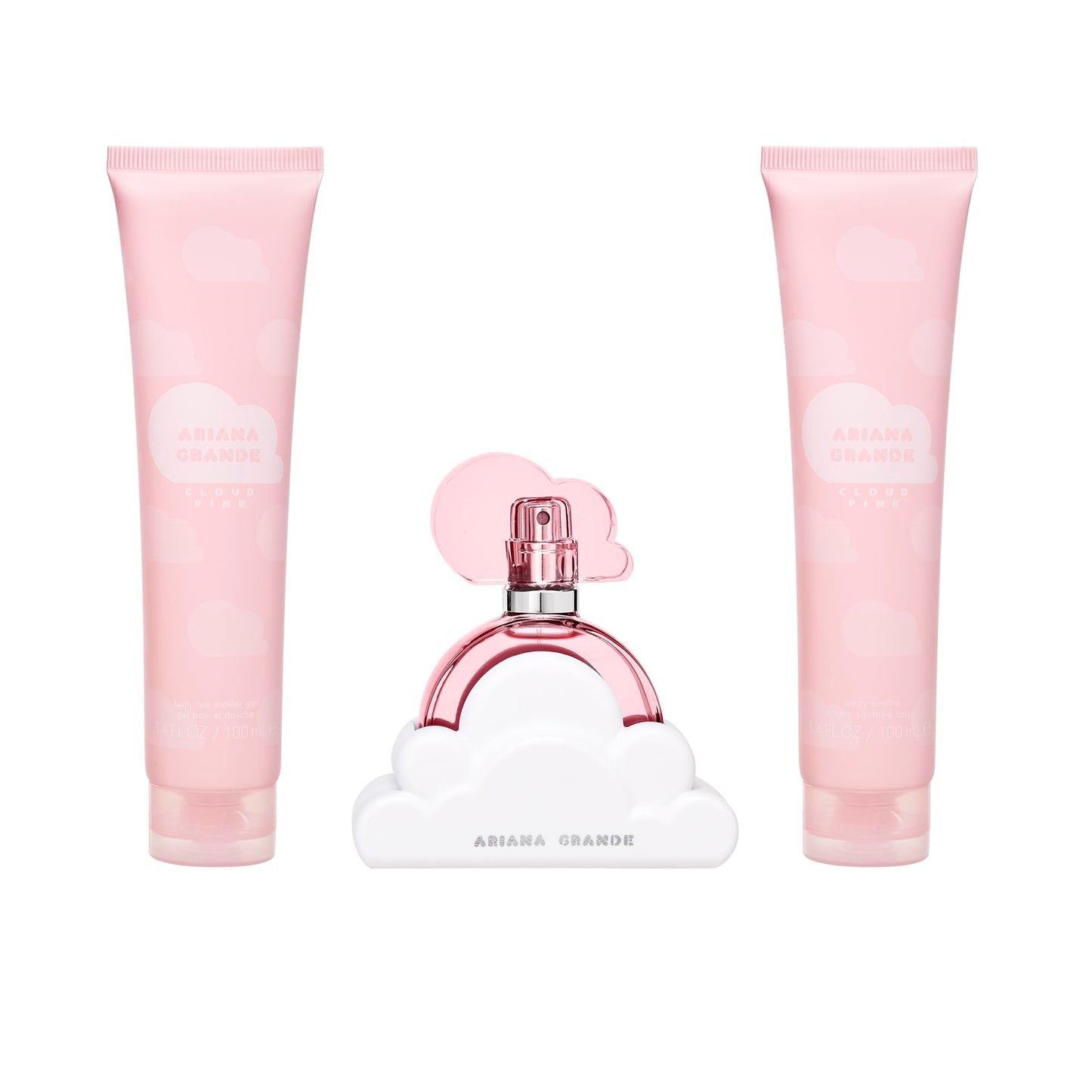 Ariana Grande Cloud Pink 100ml perfume bottle showing the clear pink liquid and white base details.