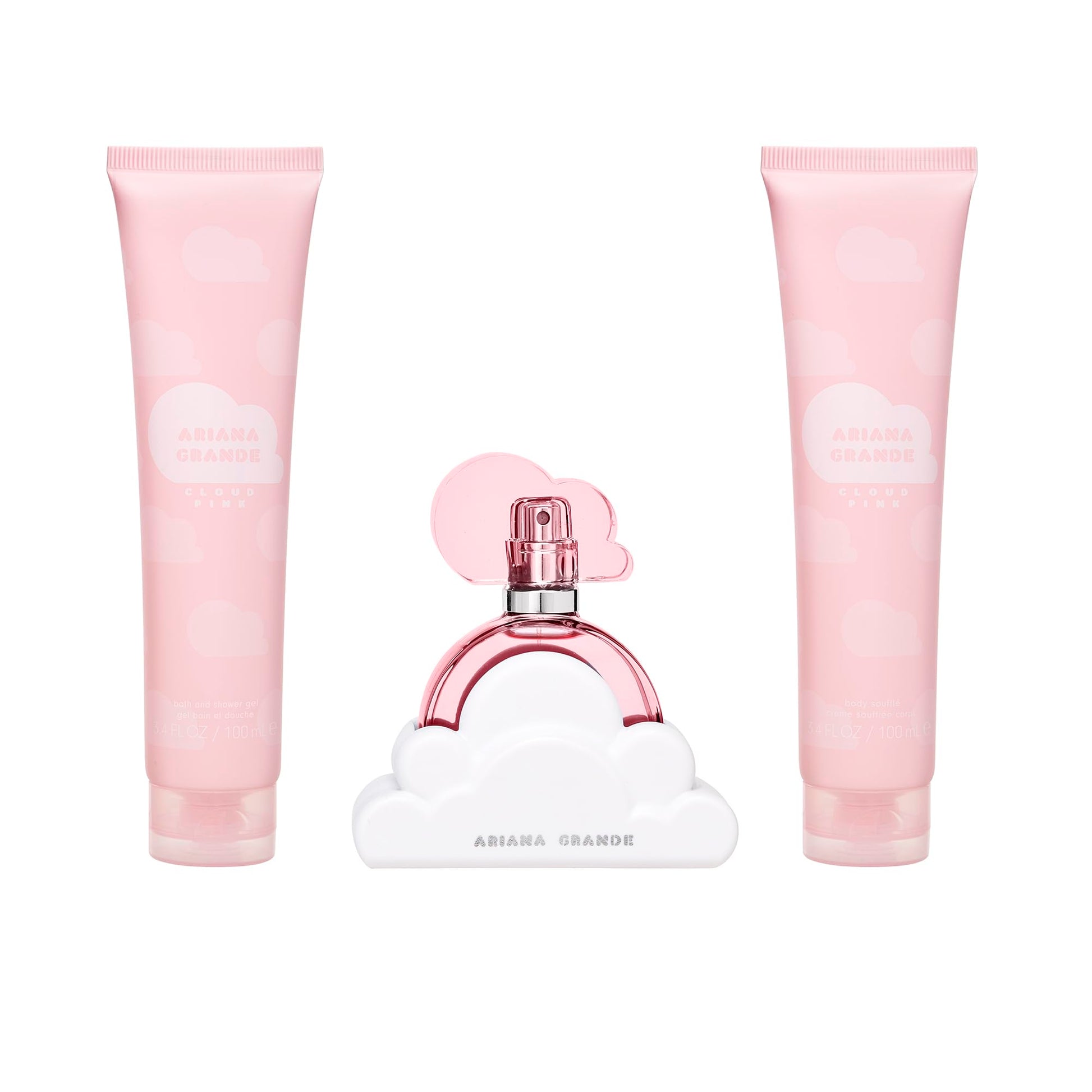 Ariana Grande Cloud Pink 100ml perfume bottle showing the clear pink liquid and white base details.