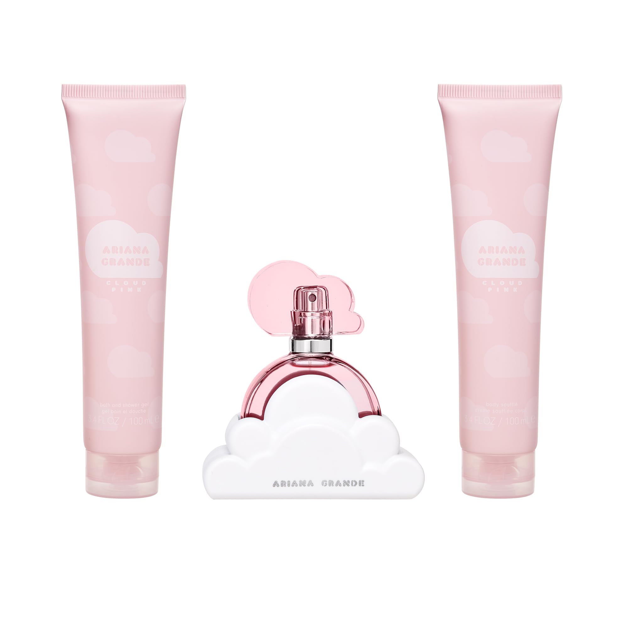 Ariana Grande Cloud Pink 100ml perfume bottle showing the clear pink liquid and white base details.