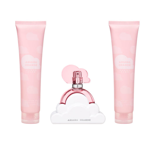 Ariana Grande Cloud Pink 100ml perfume bottle showing the clear pink liquid and white base details.
