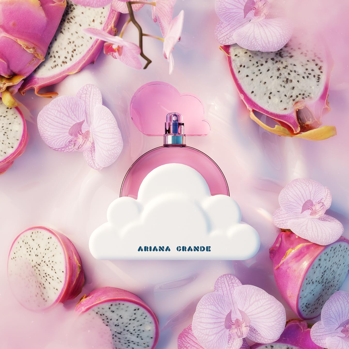 Side angle shot of Ariana Grande Cloud Pink Eau de Parfum highlighting the unique cloud shaped stand.