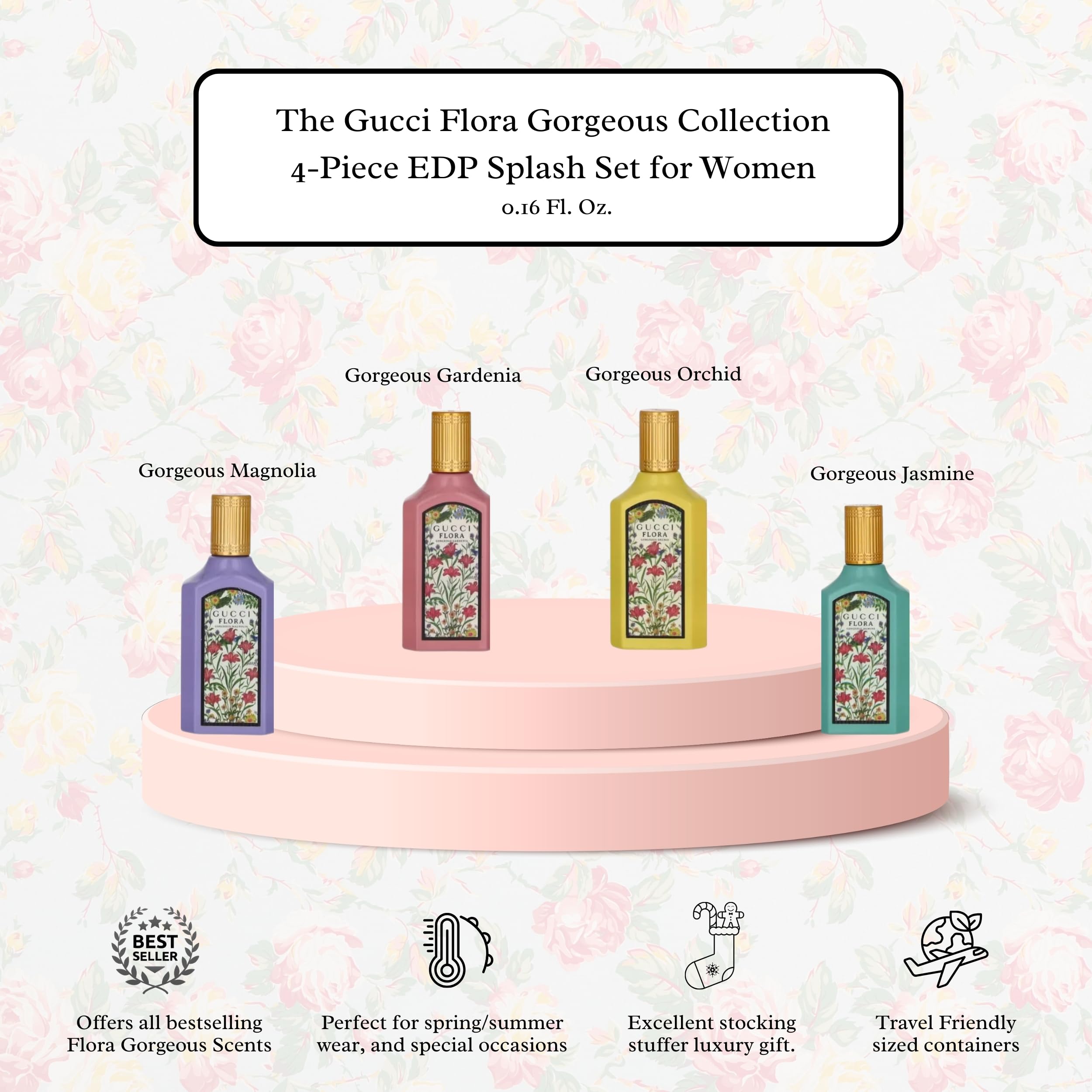 Gucci Flora variety fragrance travel miniature set opened display highlighting the delicate design of the four individual bottles.