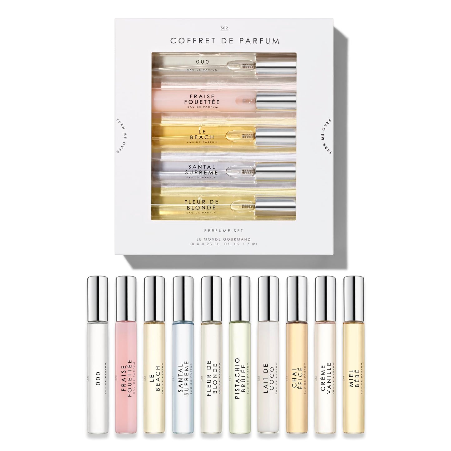 Ten piece Le Monde Gourmand fragrance gift set showing diverse scent labels.