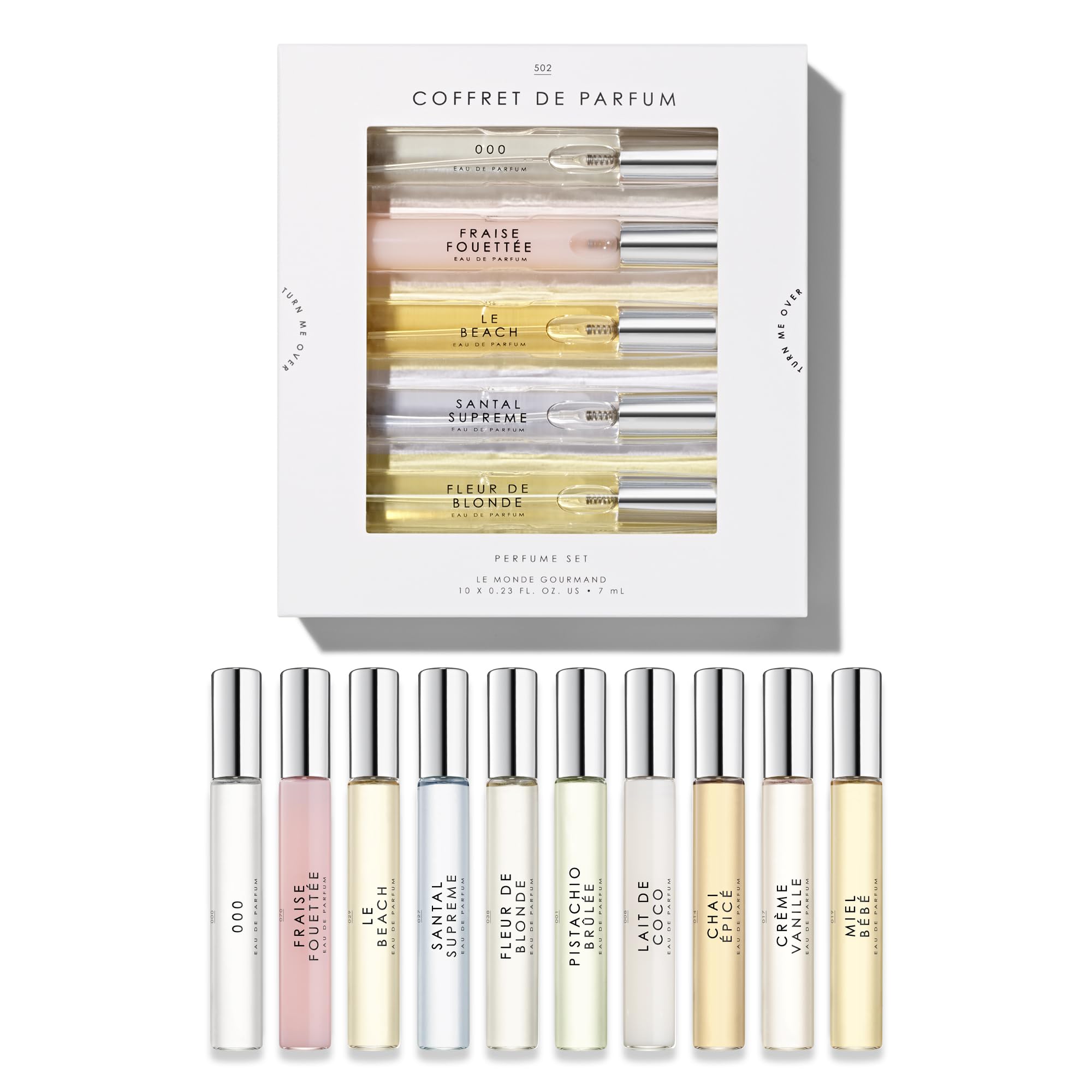 Ten piece Le Monde Gourmand fragrance gift set showing diverse scent labels.