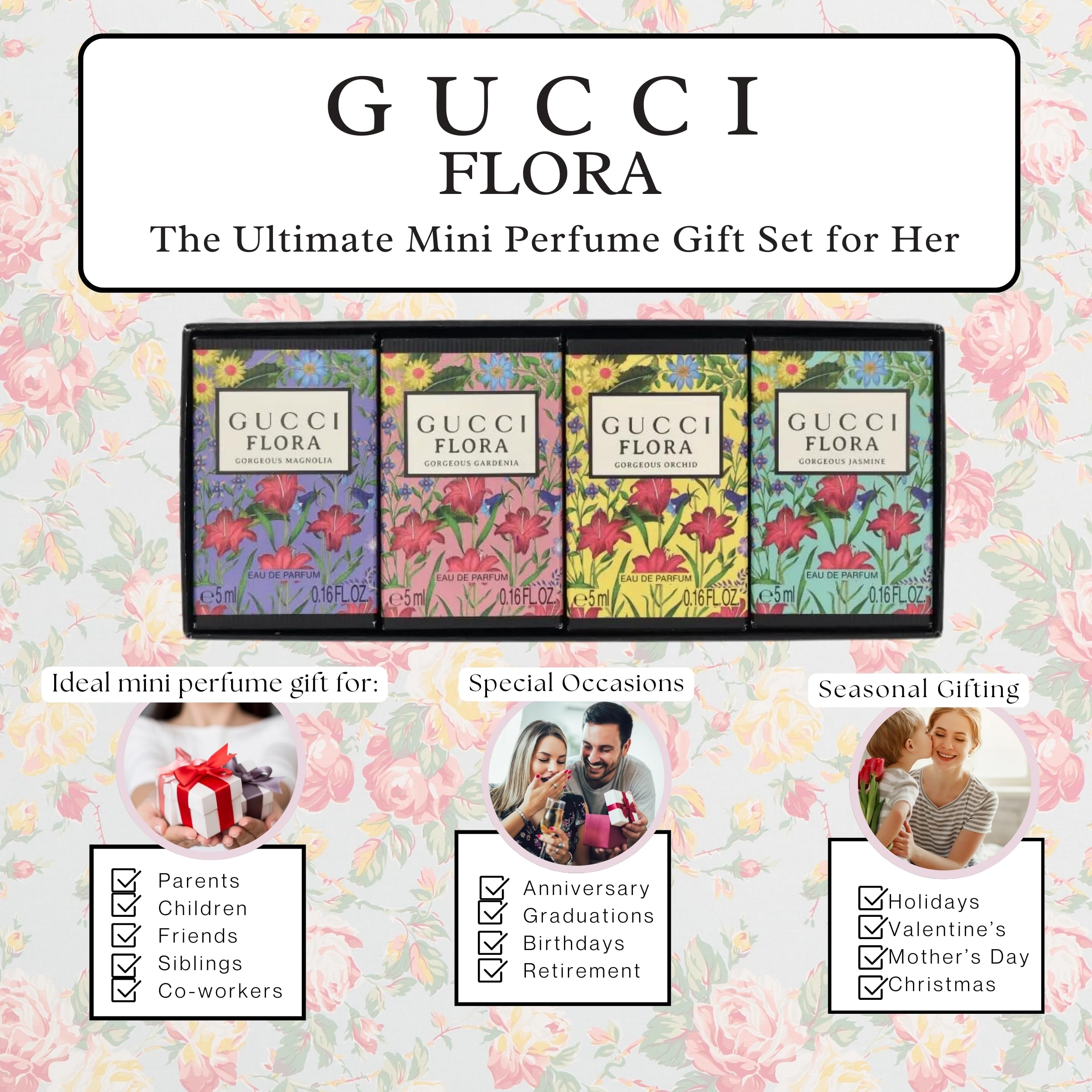 Top view of the opened Gucci beauty collection featuring the four piece travel size Eau de Parfum splashes.
