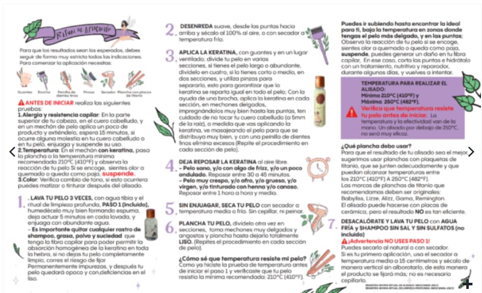 Instruction booklet detail showing the step by step application guide for the organic keratin treatment