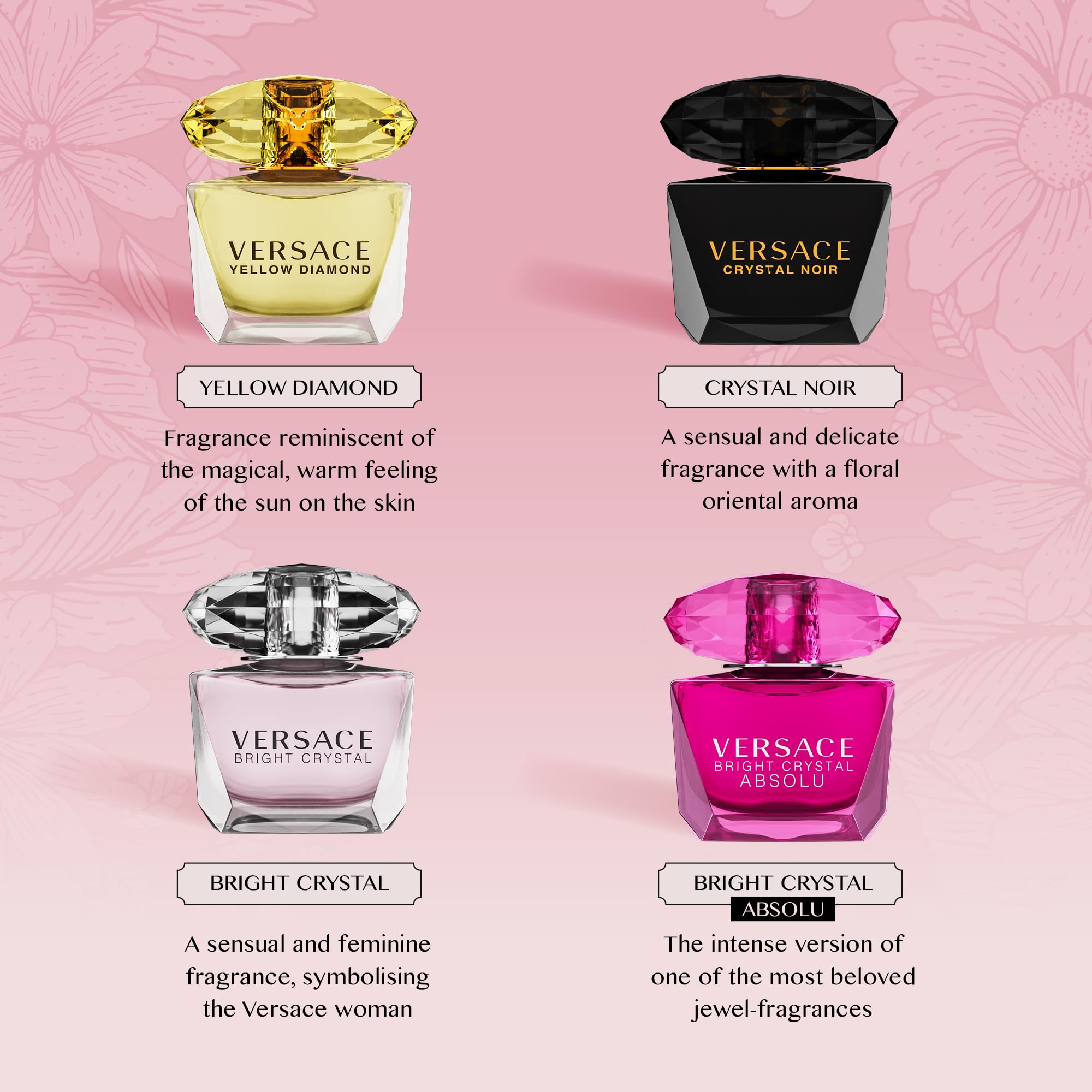 Travel sized crystal collection fragrance assortment highlighting Bright Crystal and Crystal Noir variants.
