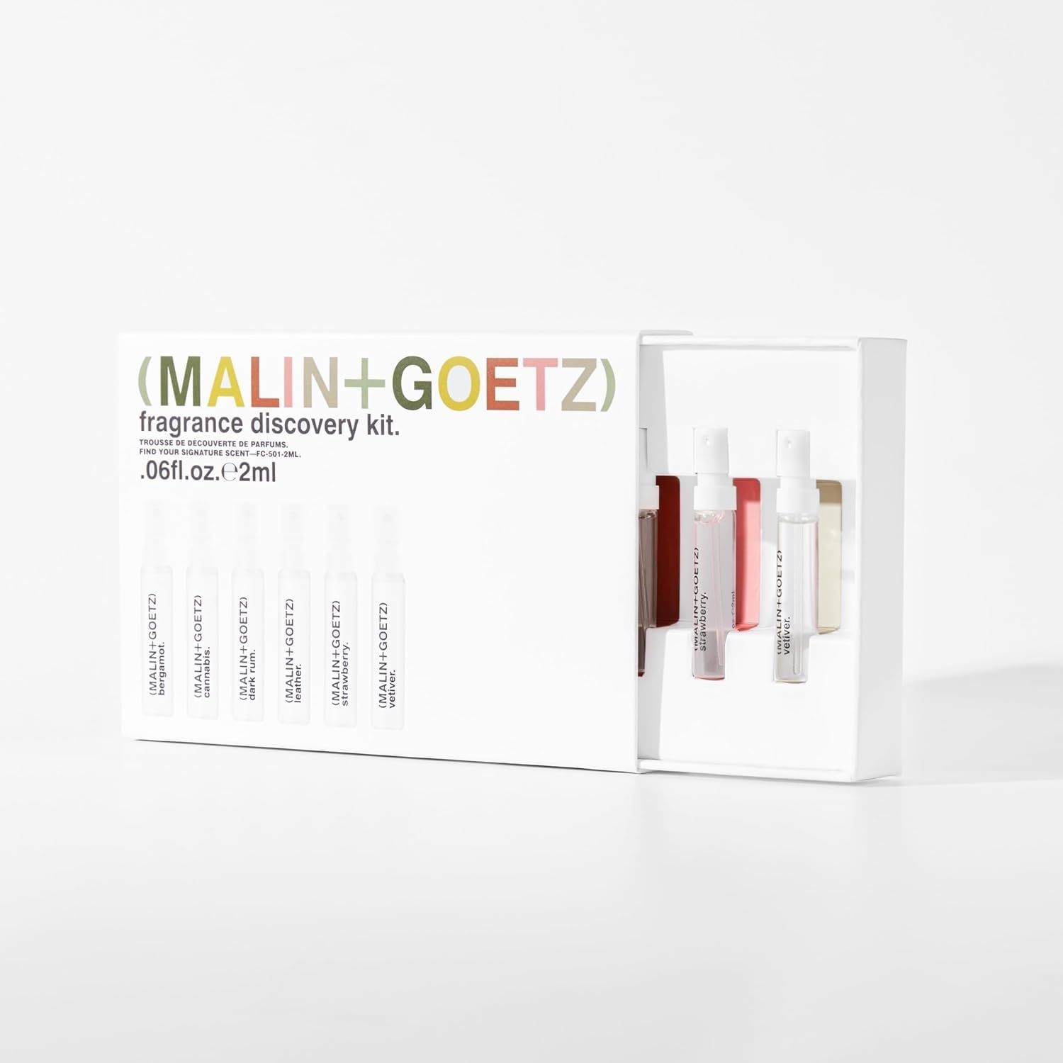 The six gender-neutral spray vials of the MALIN+GOETZ apothecary fragrance kit displayed out of their packaging box.