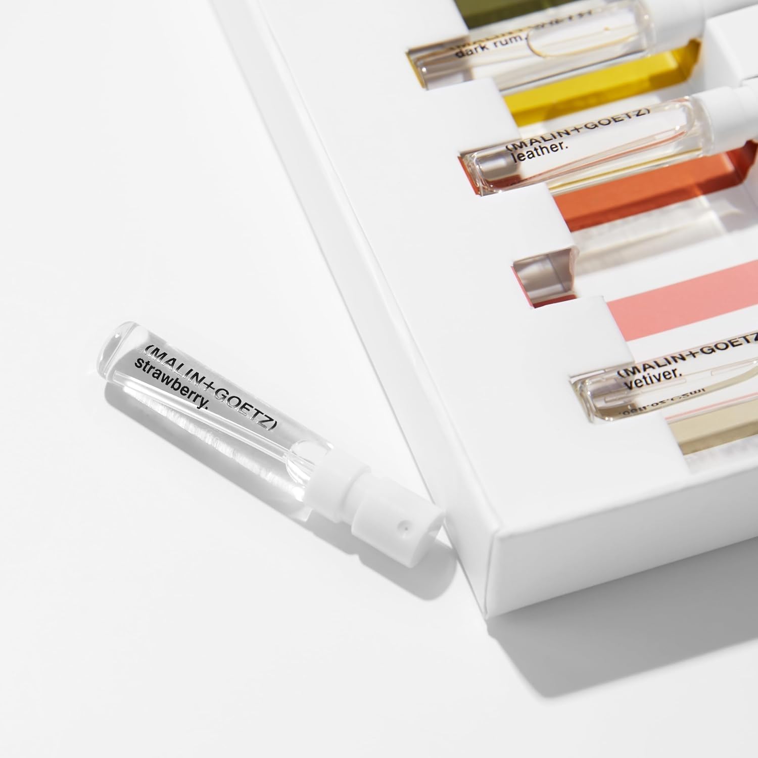 Back label view of the MALIN+GOETZ luxury fragrance discovery collection showing product information and key clean ingredients.