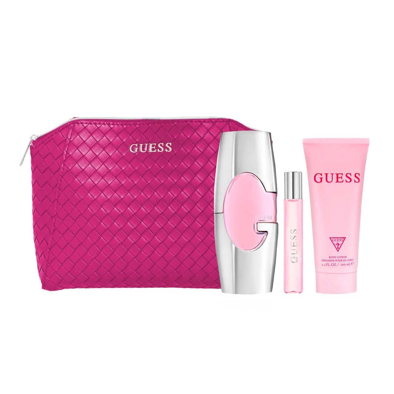 Guess classic female eau de parfum collection with signature packaging box and travel accessories