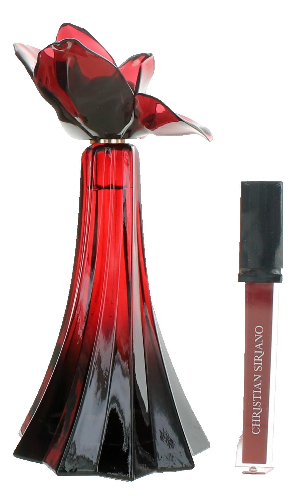 Christian Siriano Ooh La Rouge Exclusif perfume spray and high shine red lip gloss on a premium display background