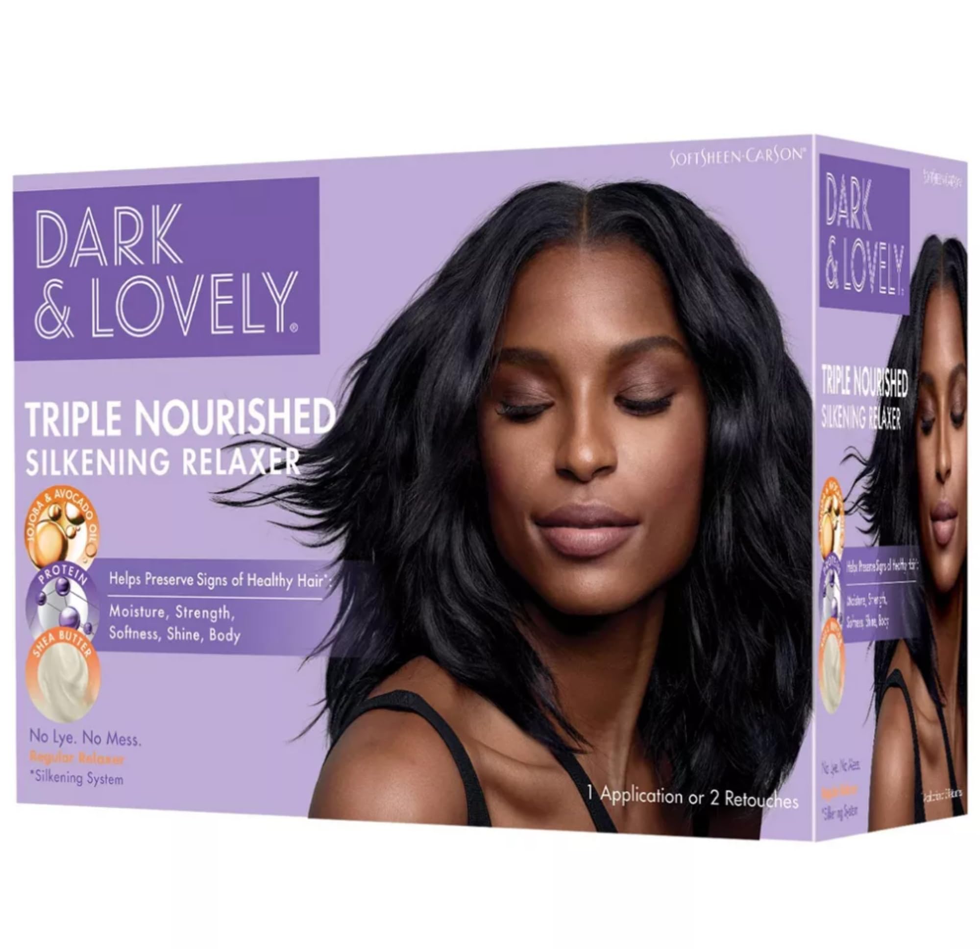 SoftSheen Dark and Lovely regular strength no lye relaxer box displaying shea butter and avocado oil benefits.