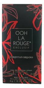 Close up view of the authentic Christian Siriano designer fragrance set packaging highlighting the elegant red theme