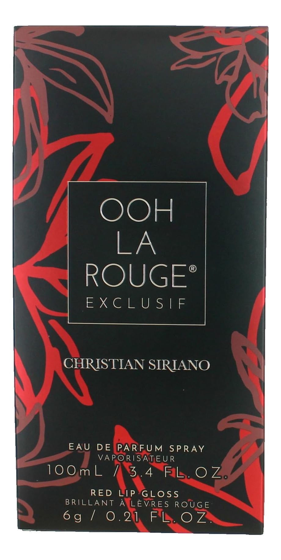 Close up view of the authentic Christian Siriano designer fragrance set packaging highlighting the elegant red theme