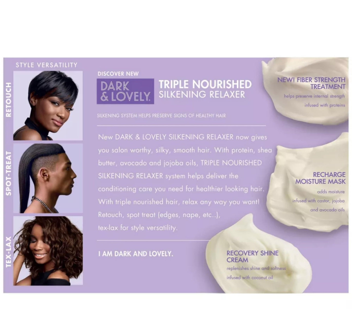 Imported USA hair care packaging for Dark and Lovely triple nourished conditioning formula.