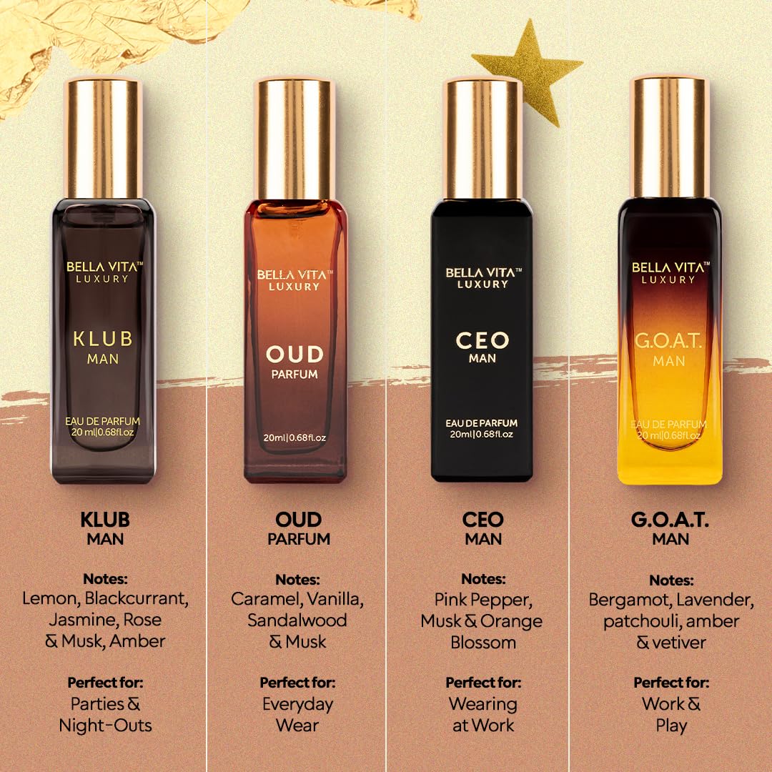 Four luxury mini perfume bottles displayed neatly inside their premium gift packaging