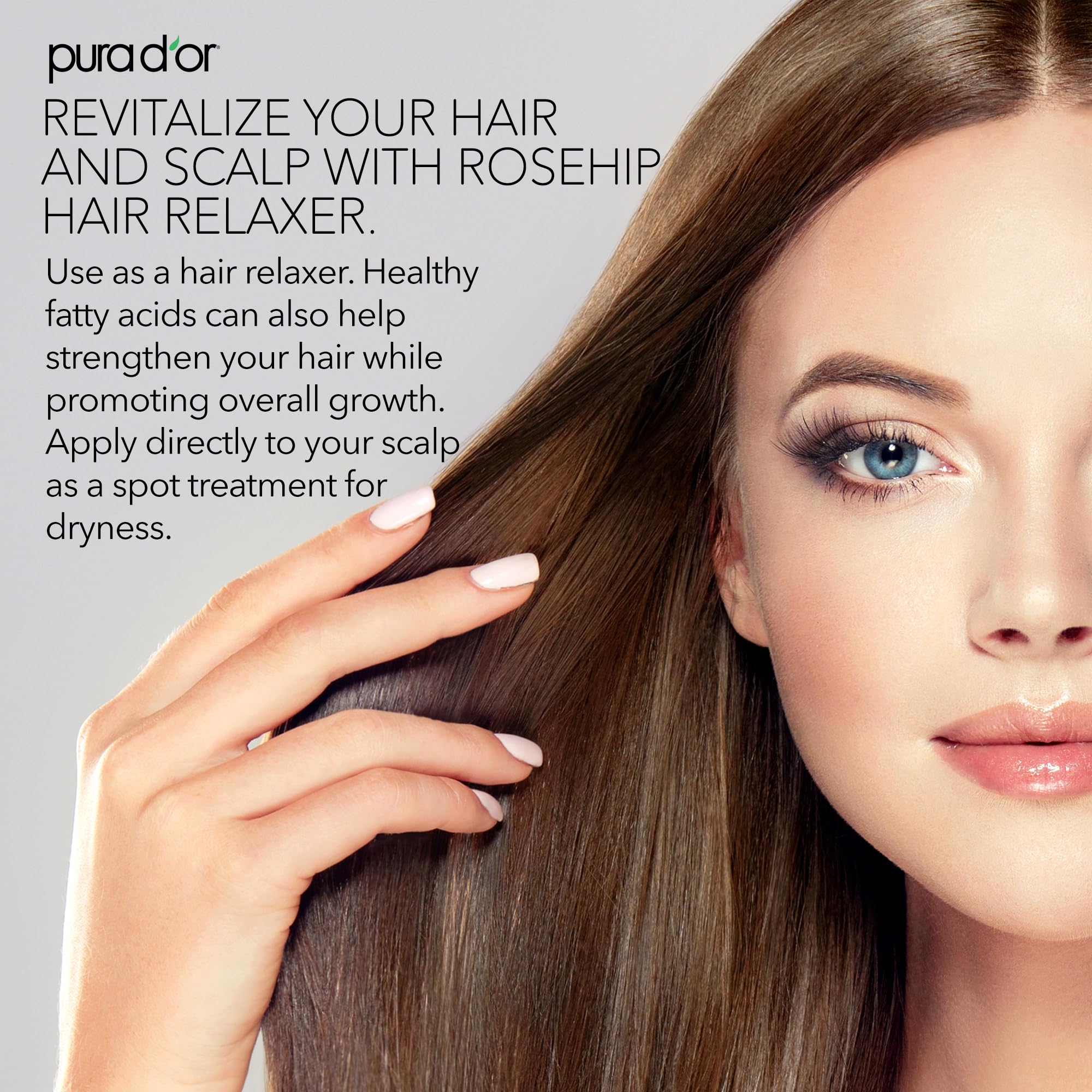 PURA D'OR cold pressed rosehip oil glass dropper bottle highlighting anti aging benefits for face and skin.