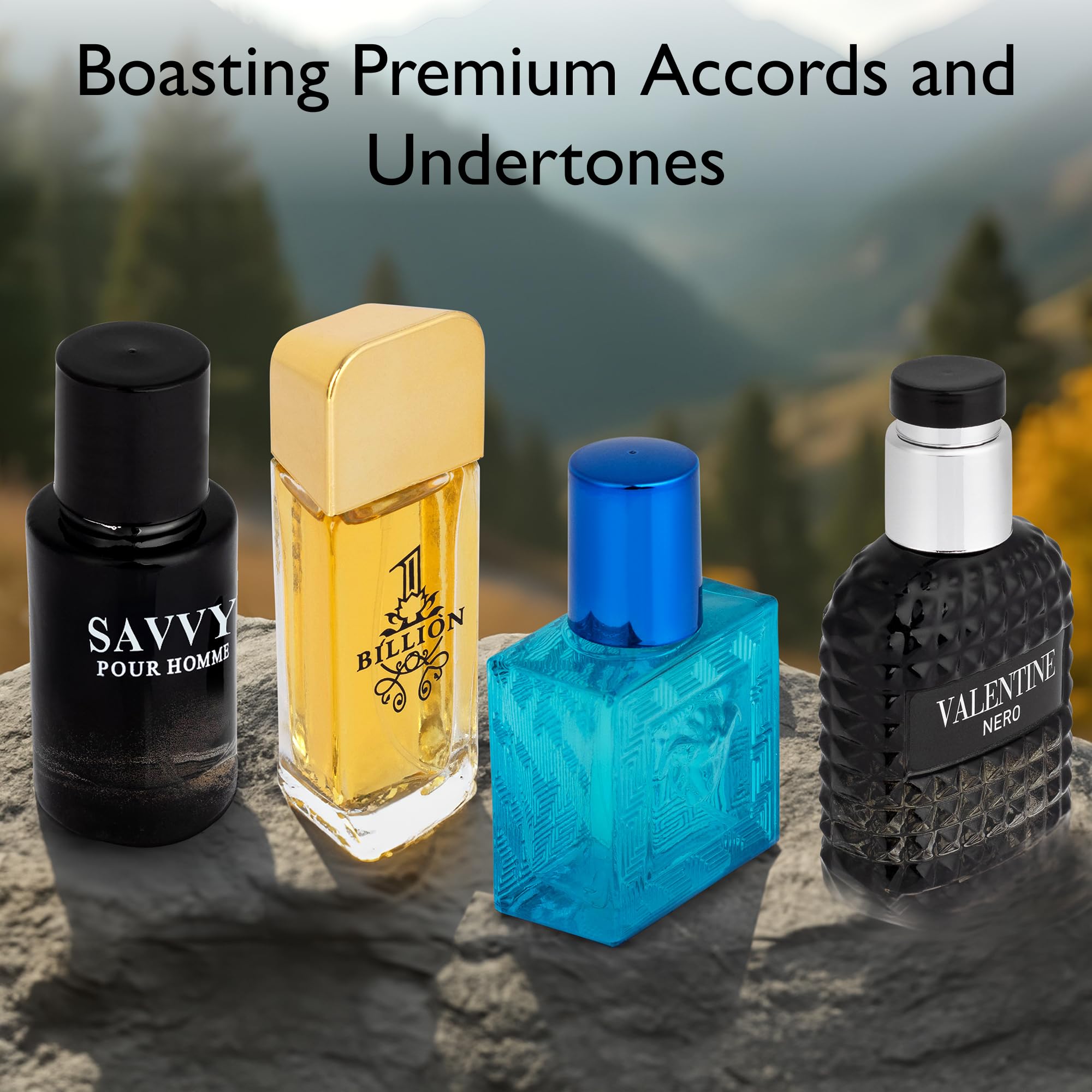 Individual 30 milliliter bottles of Savvy and 1 Billion fragrances