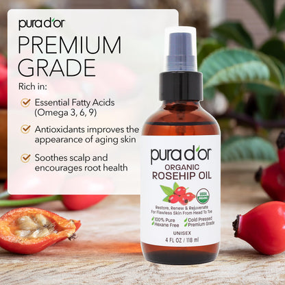 Pure organic rosehip seed oil by PURA D'OR showing the packaging label with vitamin A and C details.