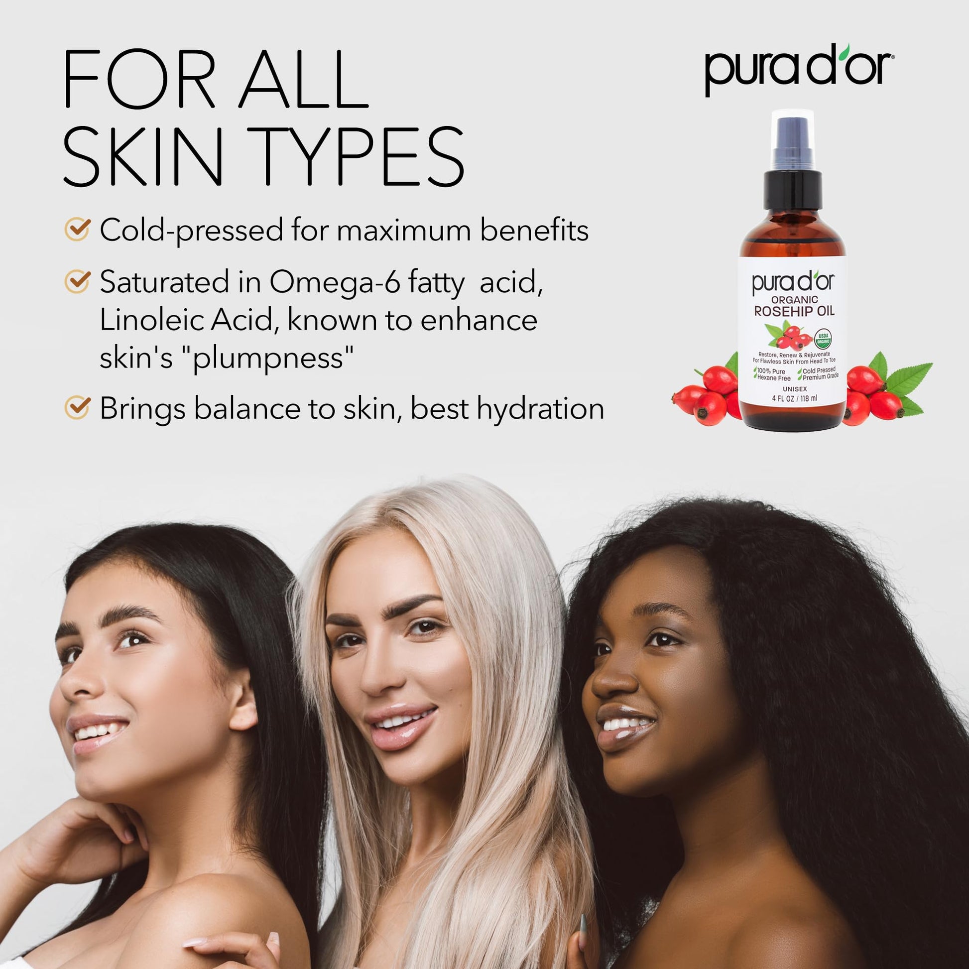Authentic USA imported PURA D'OR rosehip oil being applied as a natural hair relaxer for frizz control.