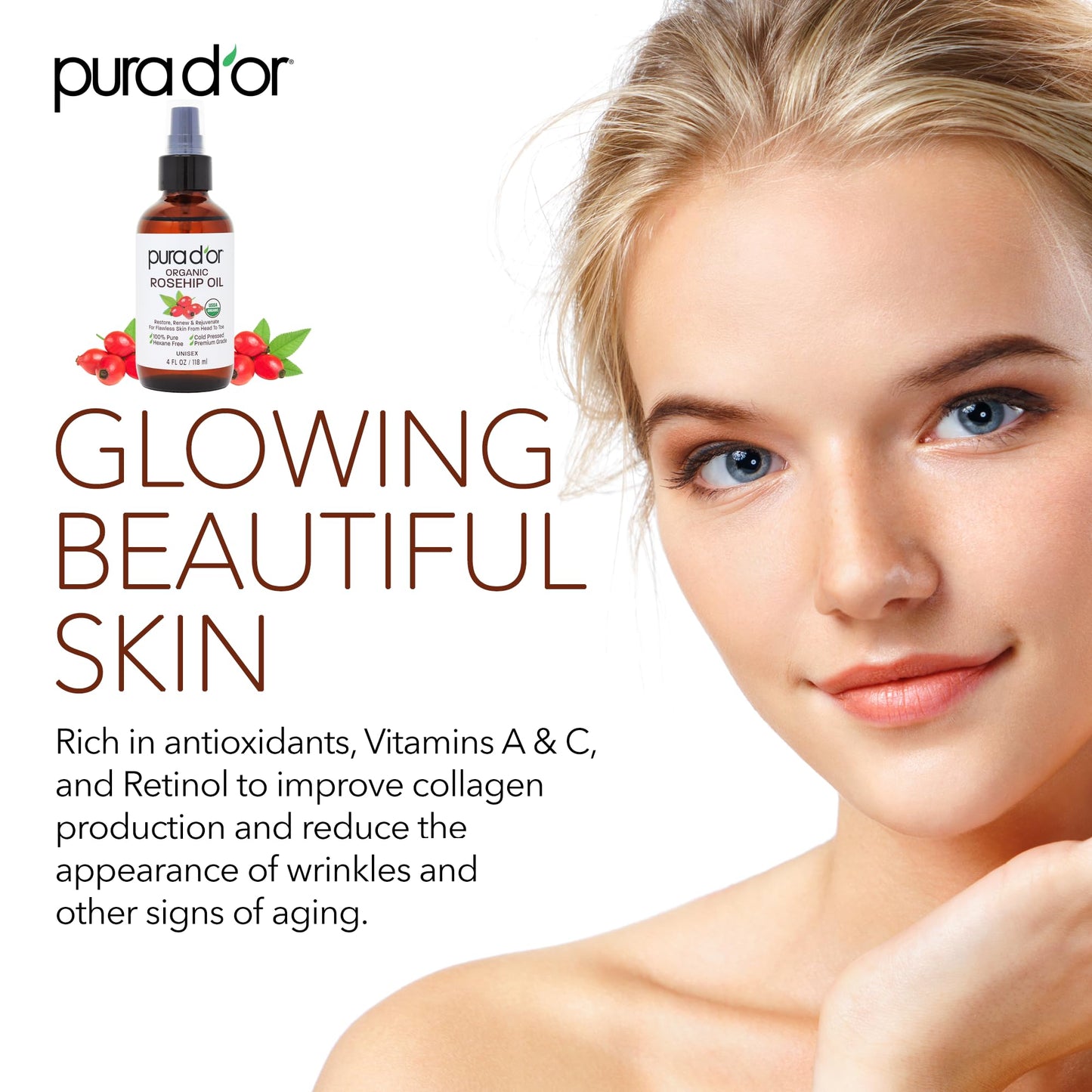 Close up view of the amber glass bottle of PURA D'OR rosehip seed oil for scar and stretch mark reduction.