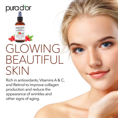 Close up view of the amber glass bottle of PURA D'OR rosehip seed oil for scar and stretch mark reduction.