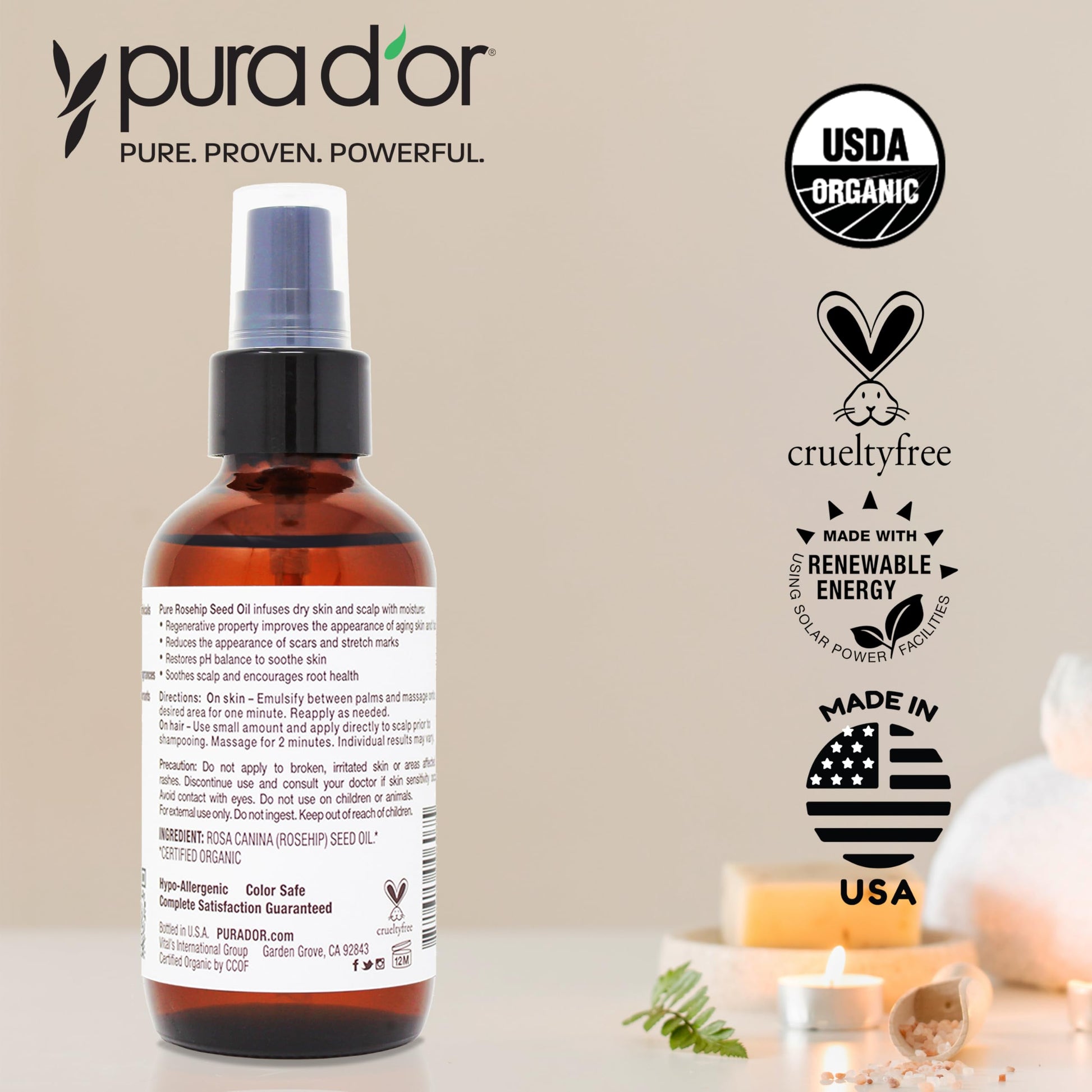 Side view of PURA D'OR four fluid ounce organic rosehip oil emphasizing its multi use application for body and hair.