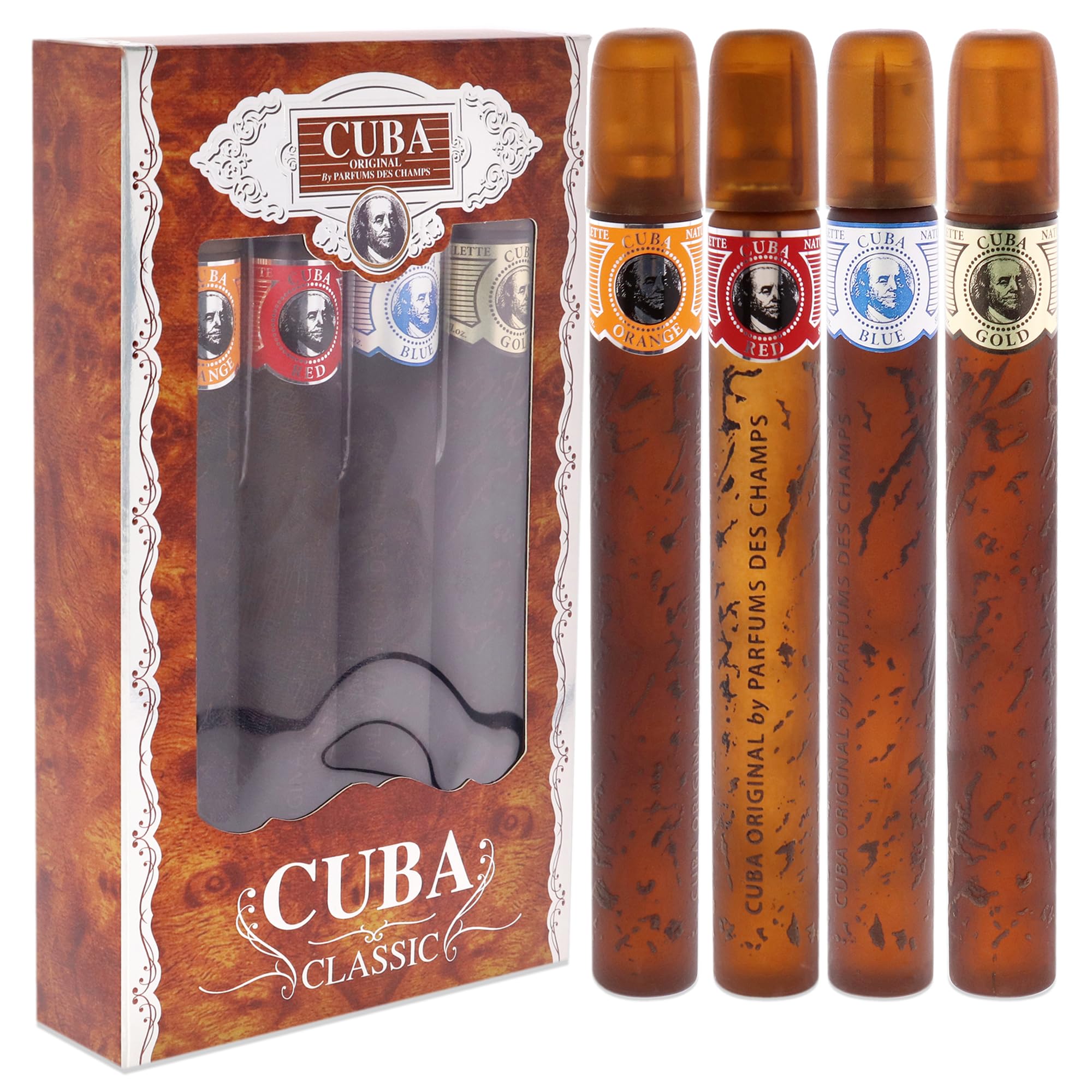Cuba Red and Cuba Orange men's cologne bottles standing upright on a clean minimalist surface demonstrating travel size portability.