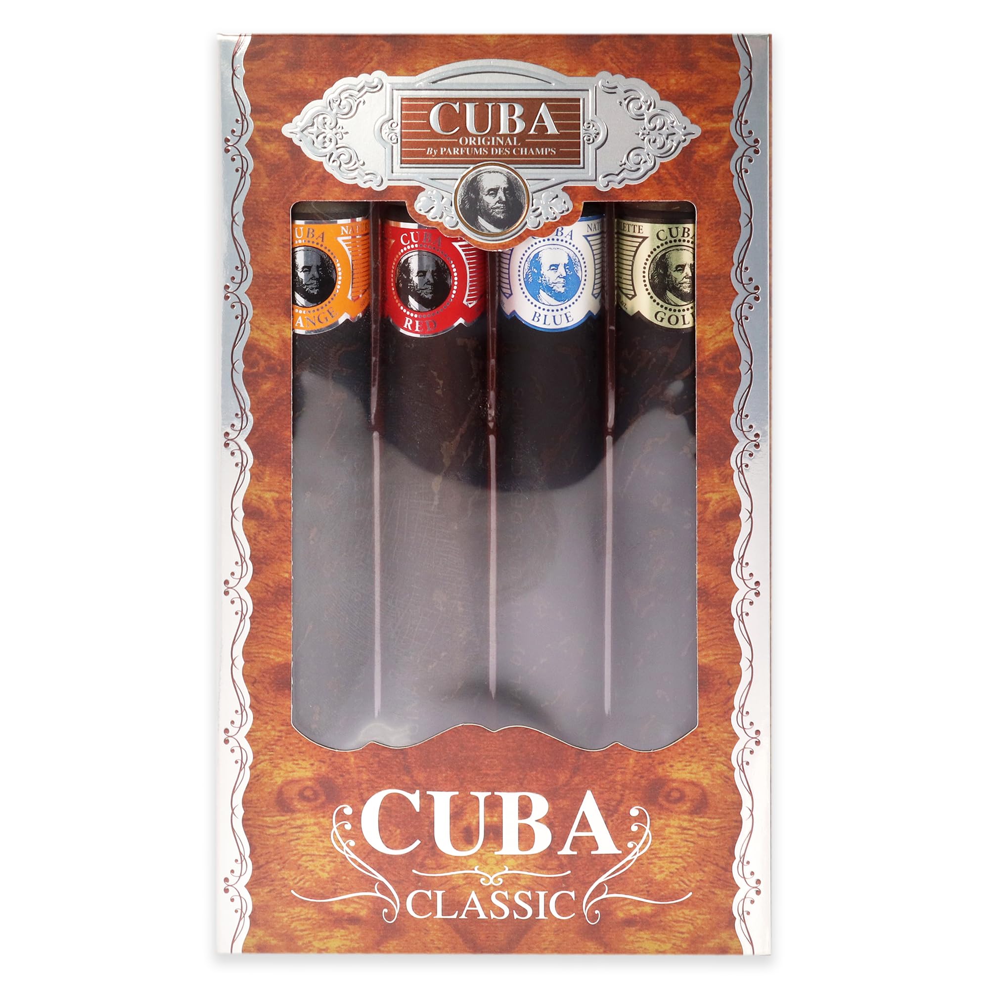 The complete four piece Cuba Paris fragrance collection for men showcasing the color variations of the outer packaging labels.
