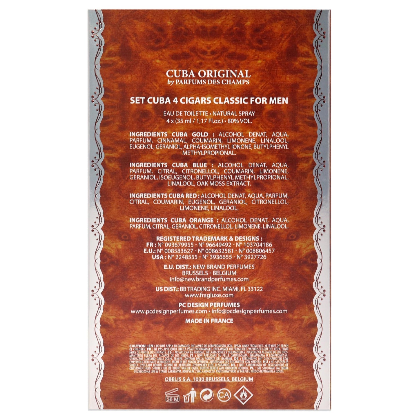 Back of the Cuba Classic Variety packaging highlighting the authentic product information, ingredients list, and fluid ounce markings.
